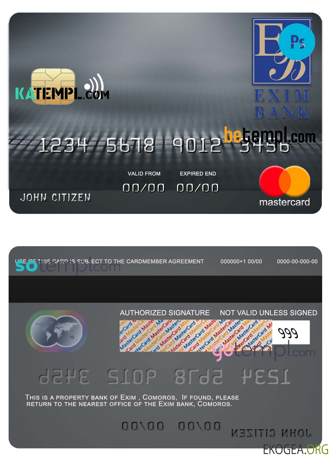 Modèle de carte de crédit Mastercard de la banque Exim des Comores au format PSD, entièrement modifiable